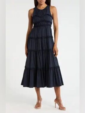 New Cinq a Sept Sirrina Ruffle Tiered Dress Navy Blue Midi Sz 8